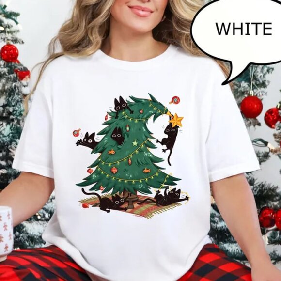 Tops - Christmas Tree And Cat Shirt, Cute Christmas Shirt, Cat Lover Christmas Gift